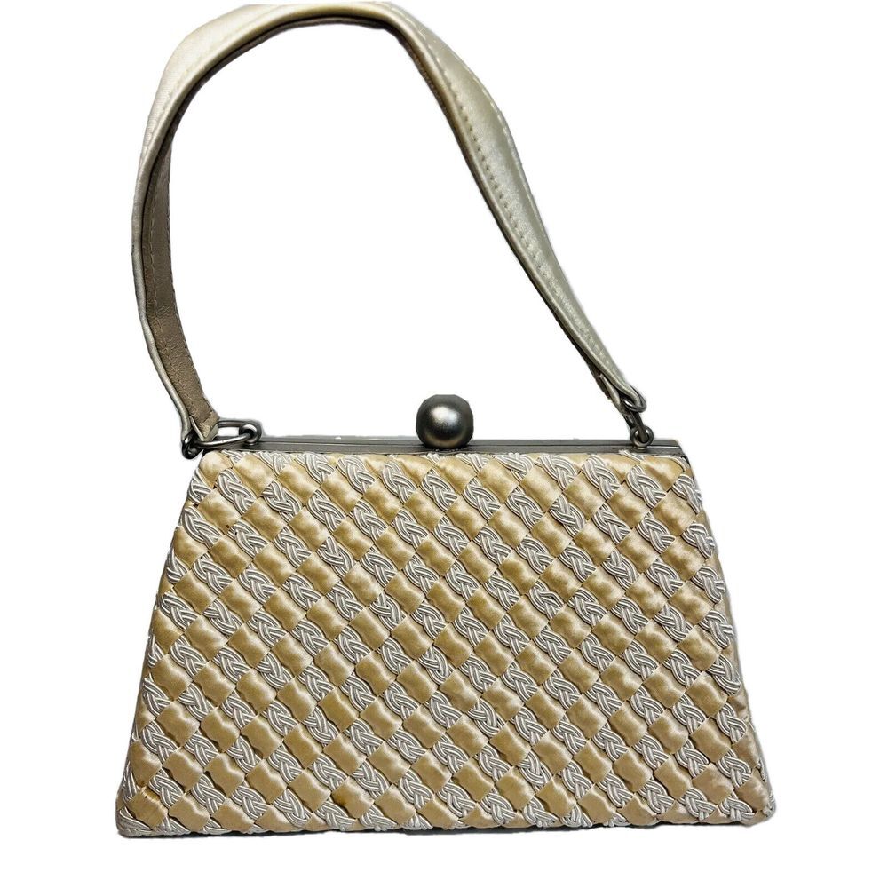 Inge Christopher Yellow Gold Cream Basketweave Hard Shell Purse Evening Bag